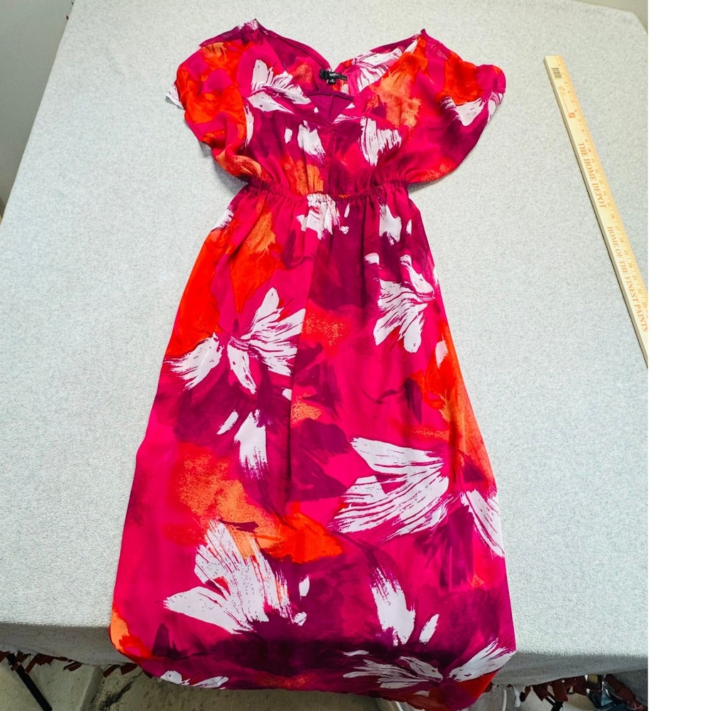 Mossimo Maxi Dress Women M Pink Orange Abstract Floral Flutter Sleeve Boho Flowy
